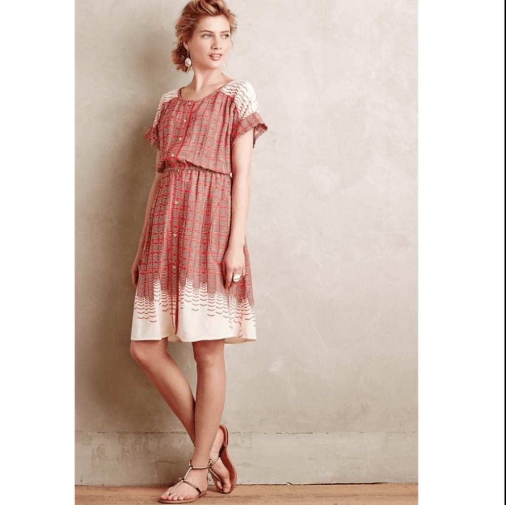 Anthropologie Maeve Veronia shirt dress. Extra Small Cream + Terra Cotta orange